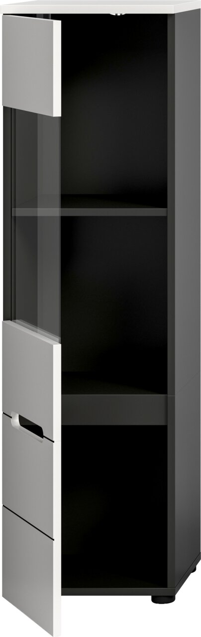 Schmaler Hochschrank in Anthrazit mit weißer Front und Glaseinsatz, Tür geöffnet, Innenfächer sichtbar, Ansicht schräg von vorne