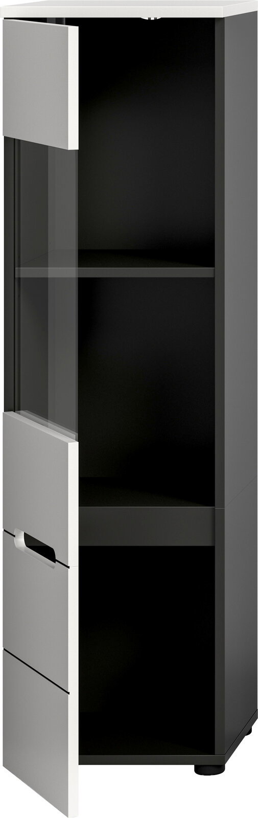 Schmaler Hochschrank in Anthrazit mit weißer Front und Glaseinsatz, Tür geöffnet, Innenfächer sichtbar, Ansicht schräg von vorne