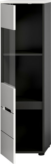 Schmaler Hochschrank in Anthrazit mit weißer Front und Glaseinsatz, Tür geöffnet, Innenfächer sichtbar, Ansicht schräg von vorne