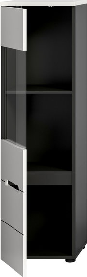 Schmaler Hochschrank in Anthrazit mit weißer Front und Glaseinsatz, Tür geöffnet, Innenfächer sichtbar, Ansicht schräg von vorne