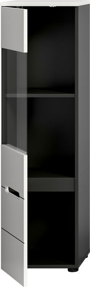 Schmaler Hochschrank in Anthrazit mit weißer Front und Glaseinsatz, Tür geöffnet, Innenfächer sichtbar, Ansicht schräg von vorne