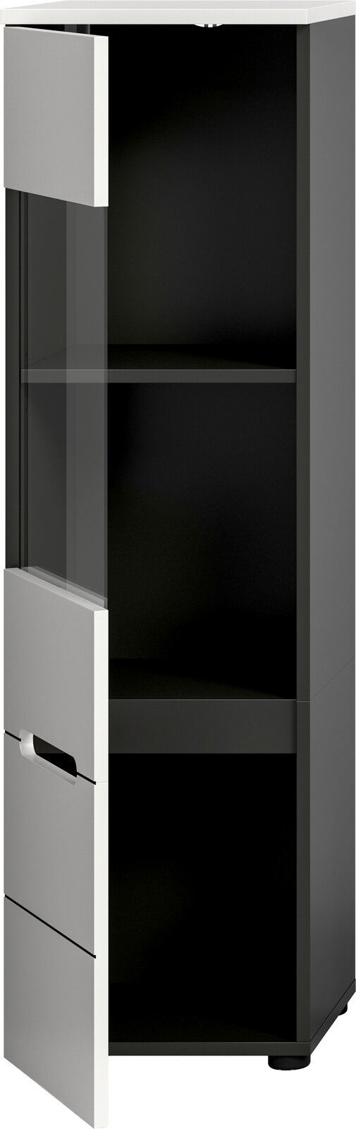 Schmaler Hochschrank in Anthrazit mit weißer Front und Glaseinsatz, Tür geöffnet, Innenfächer sichtbar, Ansicht schräg von vorne