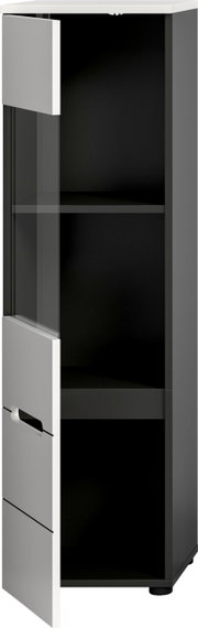 Schmaler Hochschrank in Anthrazit mit weißer Front und Glaseinsatz, Tür geöffnet, Innenfächer sichtbar, Ansicht schräg von vorne
