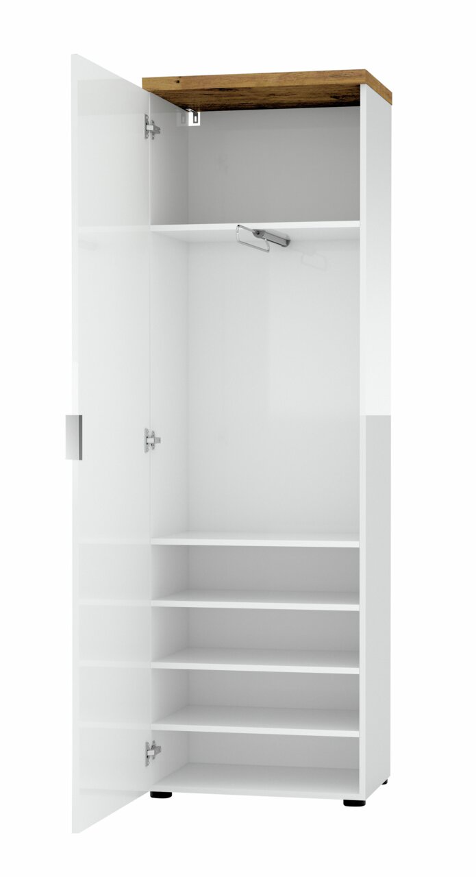 Offener weißer Garderobenschrank mit Holzakzent oben, mehrere Regalböden und Kleiderstange, Frontalansicht.