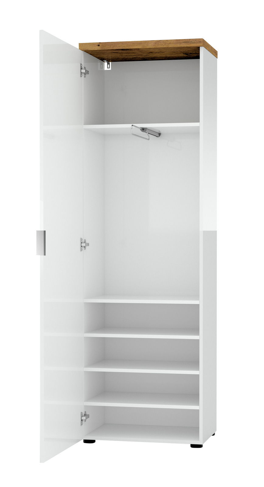 Offener weißer Garderobenschrank mit Holzakzent oben, mehrere Regalböden und Kleiderstange, Frontalansicht.