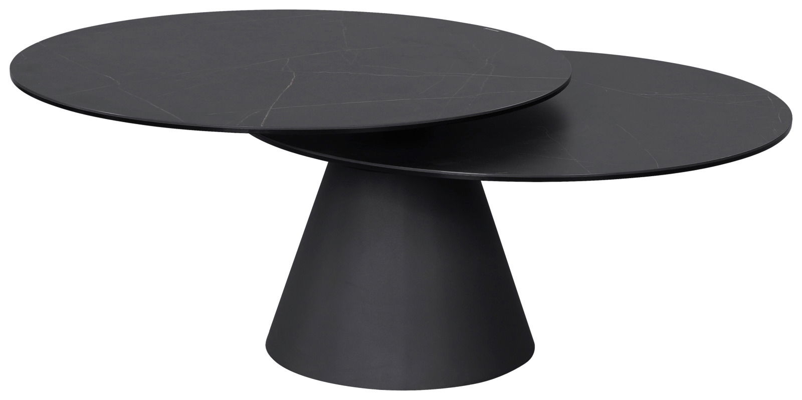 Moderner schwarzer Couchtisch mit zwei runden, versetzten Tischplatten und konischem Fuß, seitliche Perspektive.