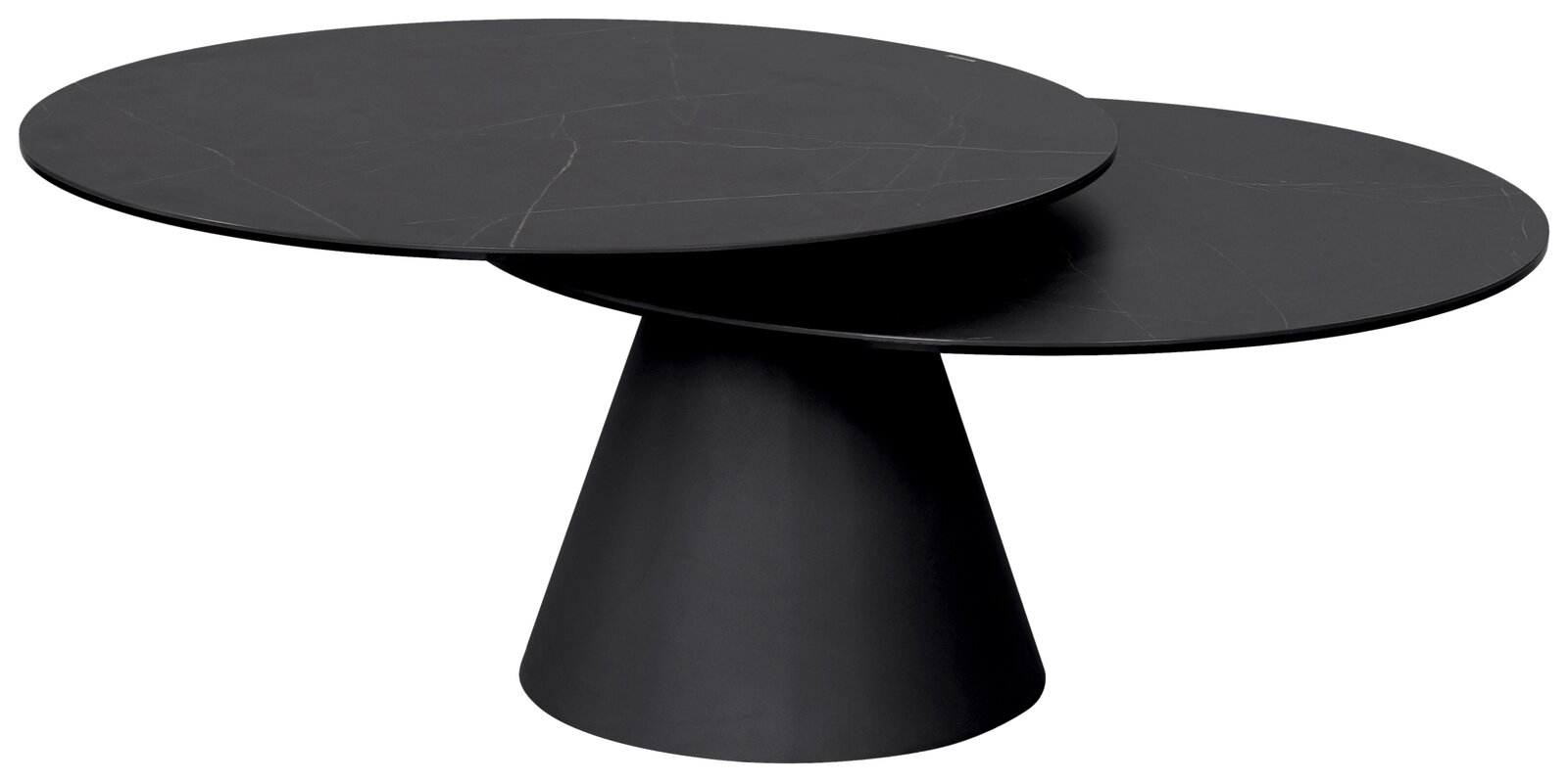 Dieter Knoll Couchtisch SALERNO Moderner schwarzer Couchtisch mit zwei runden, versetzten Tischplatten und konischem Fuß, seitliche Perspektive.