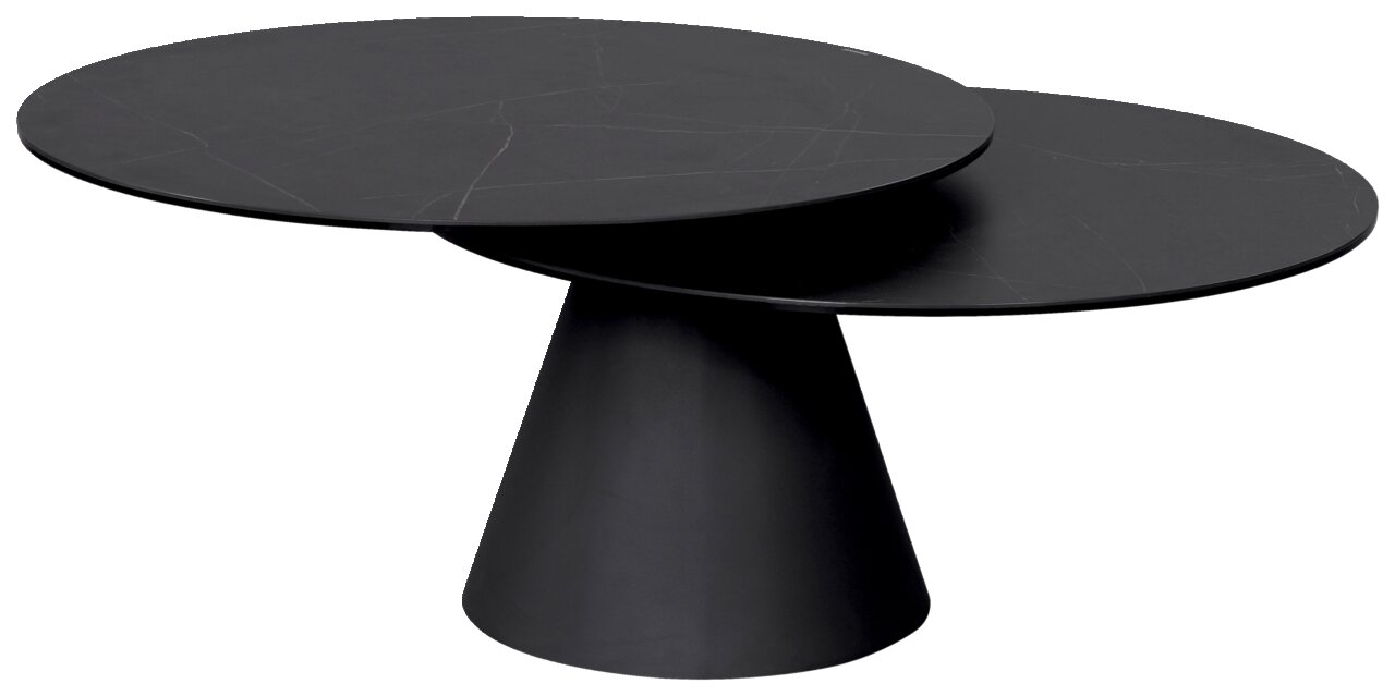 Dieter Knoll Couchtisch SALERNO Moderner schwarzer Couchtisch mit zwei runden, versetzten Tischplatten und konischem Fuß, seitliche Perspektive.