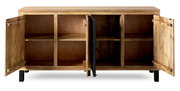 Holz-Sideboard mit offenen Türen, sechs Fächern und schwarzem Metallgestell, frontale Ansicht