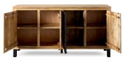 Houten dressoir met open deuren, zes vakken en een zwart metalen onderstel, vooraanzicht