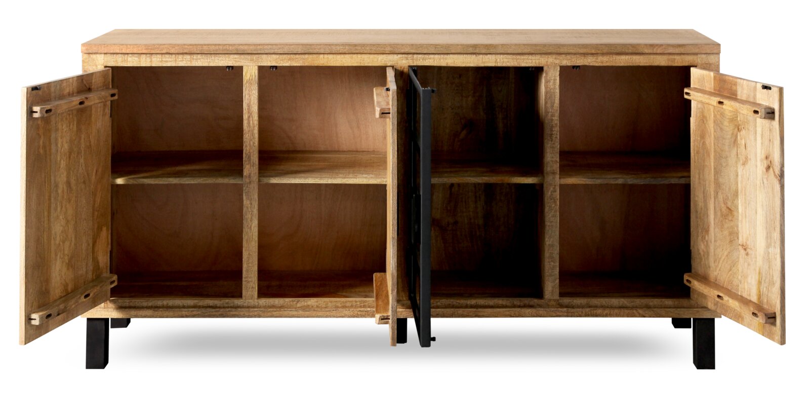 Houten dressoir met open deuren, zes vakken en een zwart metalen onderstel, vooraanzicht