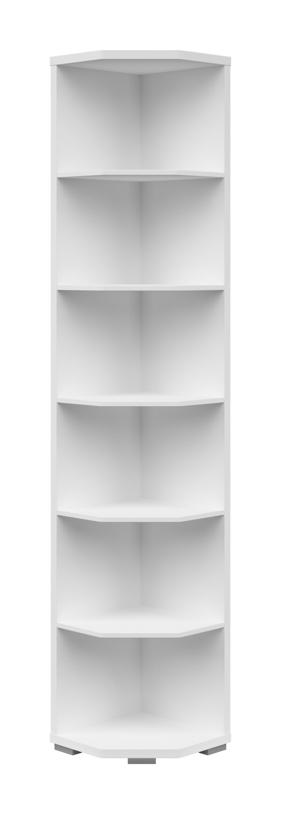 Voleo Eckregal CONNECT Weißes Eckregal mit sechs offenen Fächern, frontal betrachtet.
