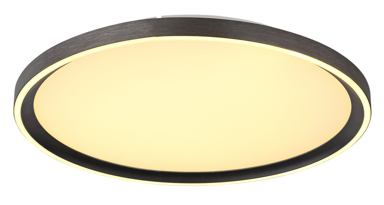 Ronde plafondlamp met zwarte rand en warm licht, zijaanzicht