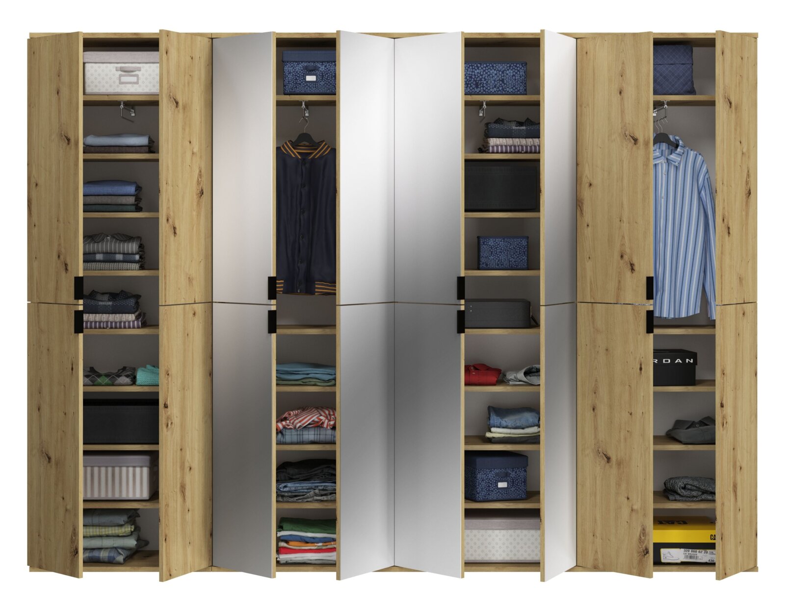 Garderobenkombination aus Holz mit mehreren offenen und geschlossenen Fächern, teilweise mit Spiegeltüren, gefüllt mit Kleidung und Accessoires, frontale Ansicht.