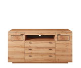 Frontale Ansicht eines Sideboards aus hellem Holz mit drei Schubladen in der Mitte und zwei Türen mit dekorativen Holzmaserungen an den Seiten.