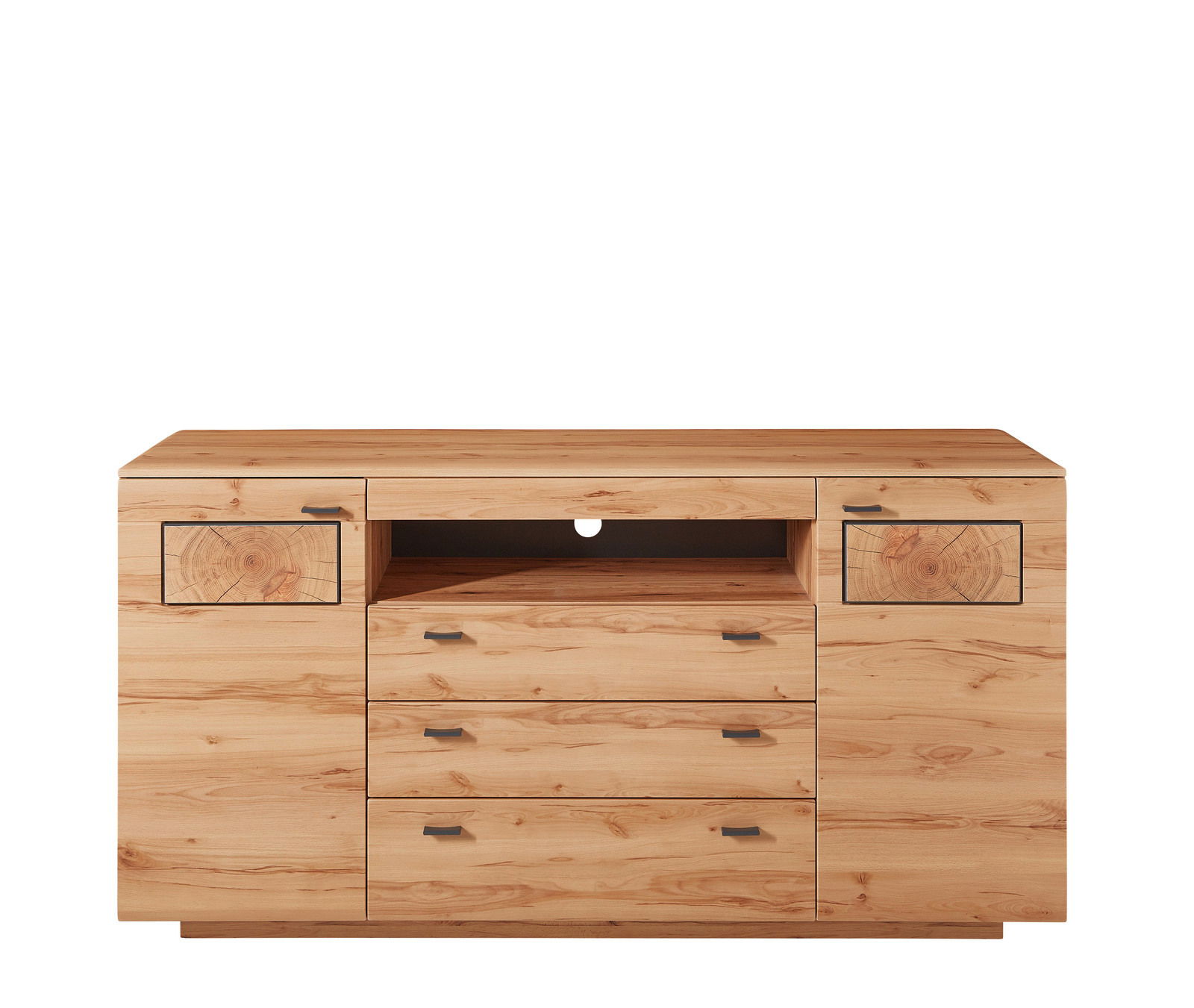 Frontale Ansicht eines Sideboards aus hellem Holz mit drei Schubladen in der Mitte und zwei Türen mit dekorativen Holzmaserungen an den Seiten.