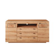 Frontale Ansicht eines Sideboards aus hellem Holz mit drei Schubladen in der Mitte und zwei Türen mit dekorativen Holzmaserungen an den Seiten.