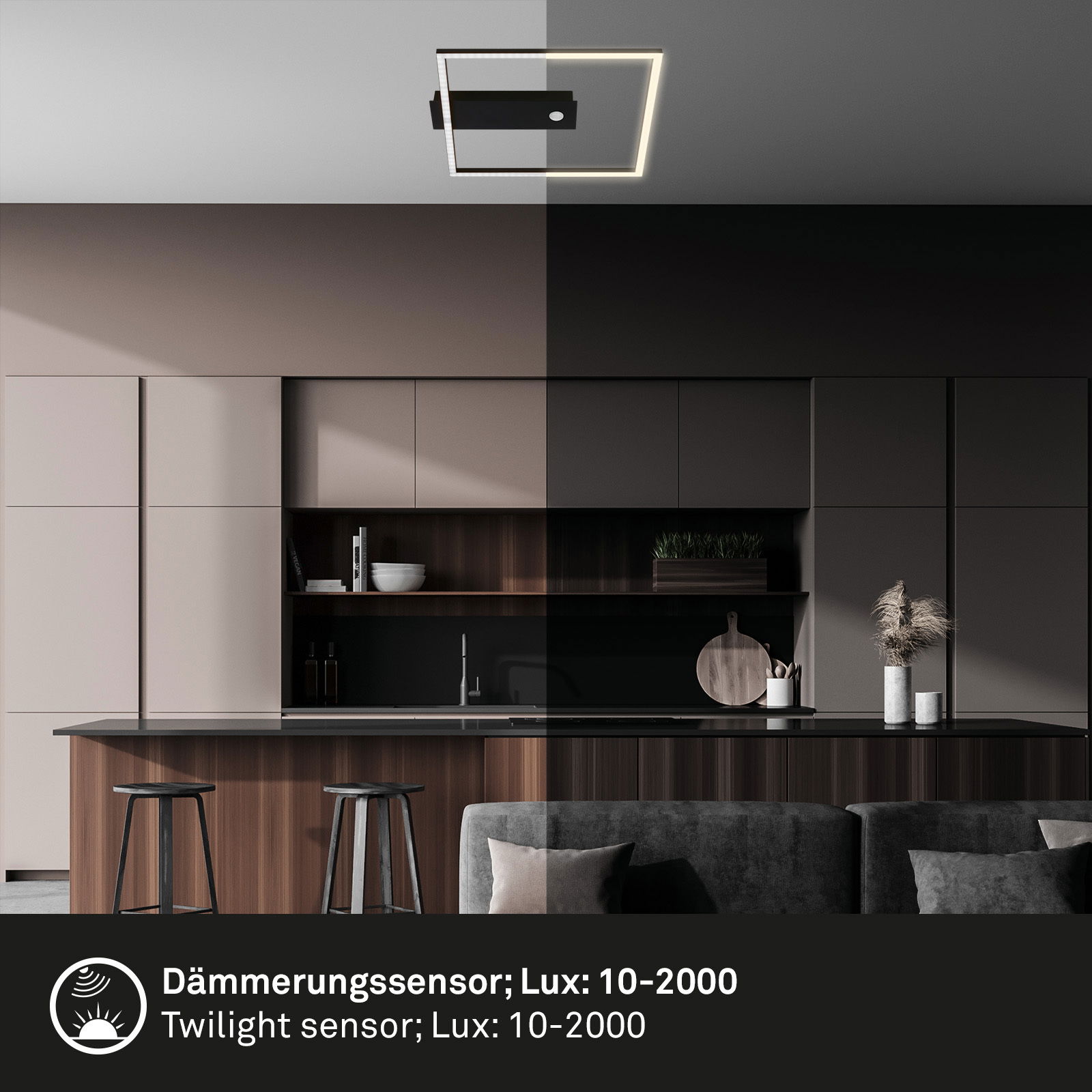 Moderne LED Deckenleuchte mit Dämmerungssensor, Lux-Bereich 10-2000, in stilvoller Küche von unten betrachtet.