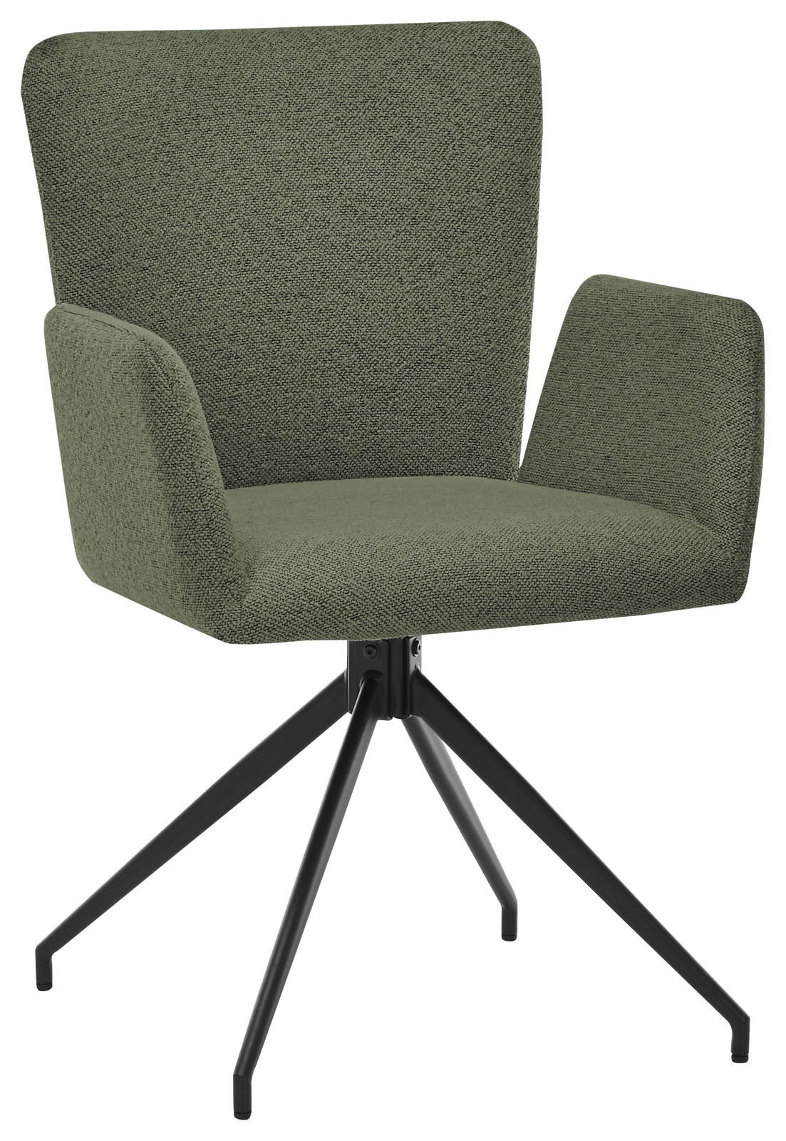 Grüner Armlehnstuhl mit schwarzem Metallgestell, seitliche Perspektive