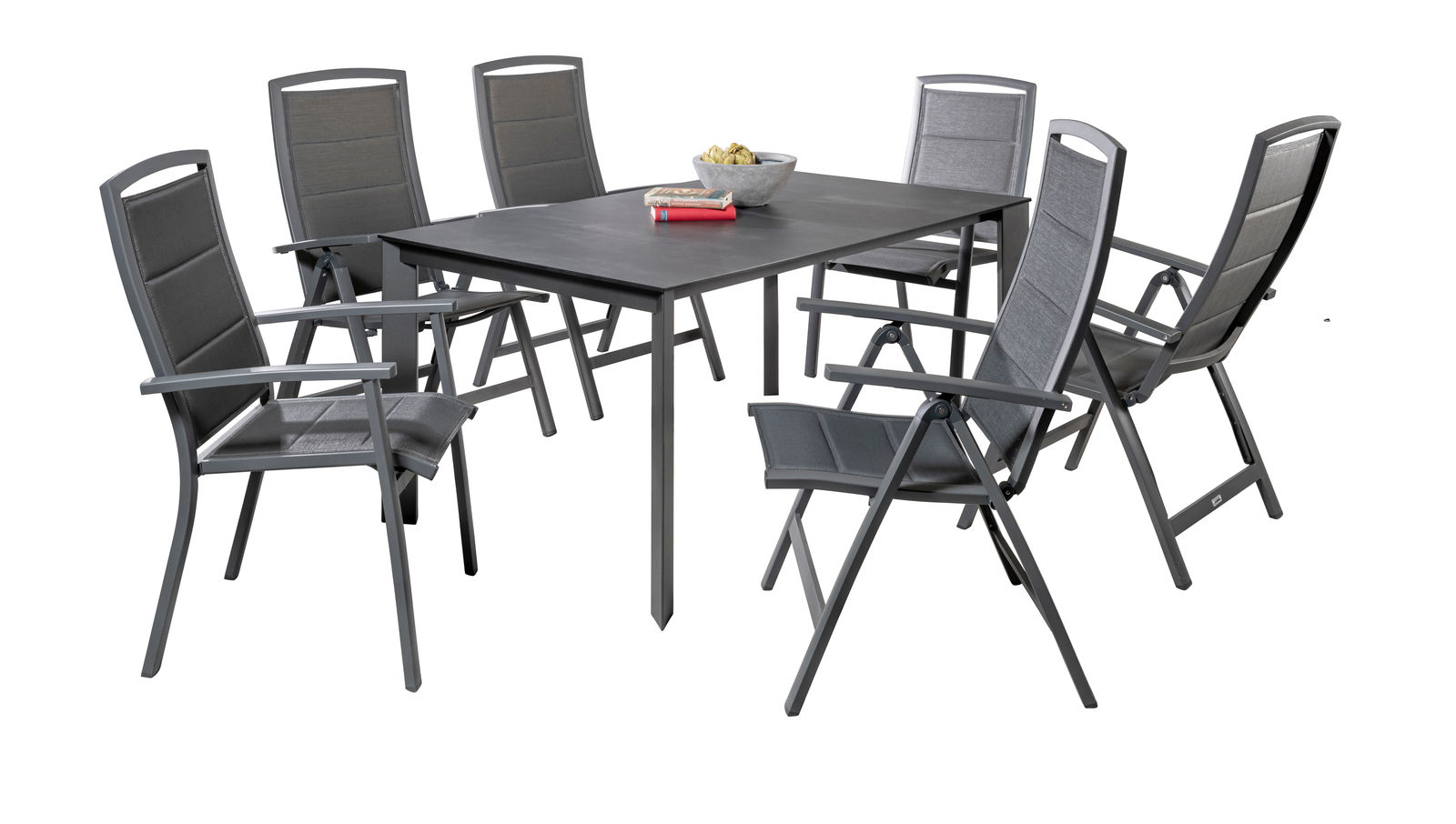 Gartenmöbel-Set mit sechs grauen Klappstühlen und einem rechteckigen Tisch, seitliche Perspektive