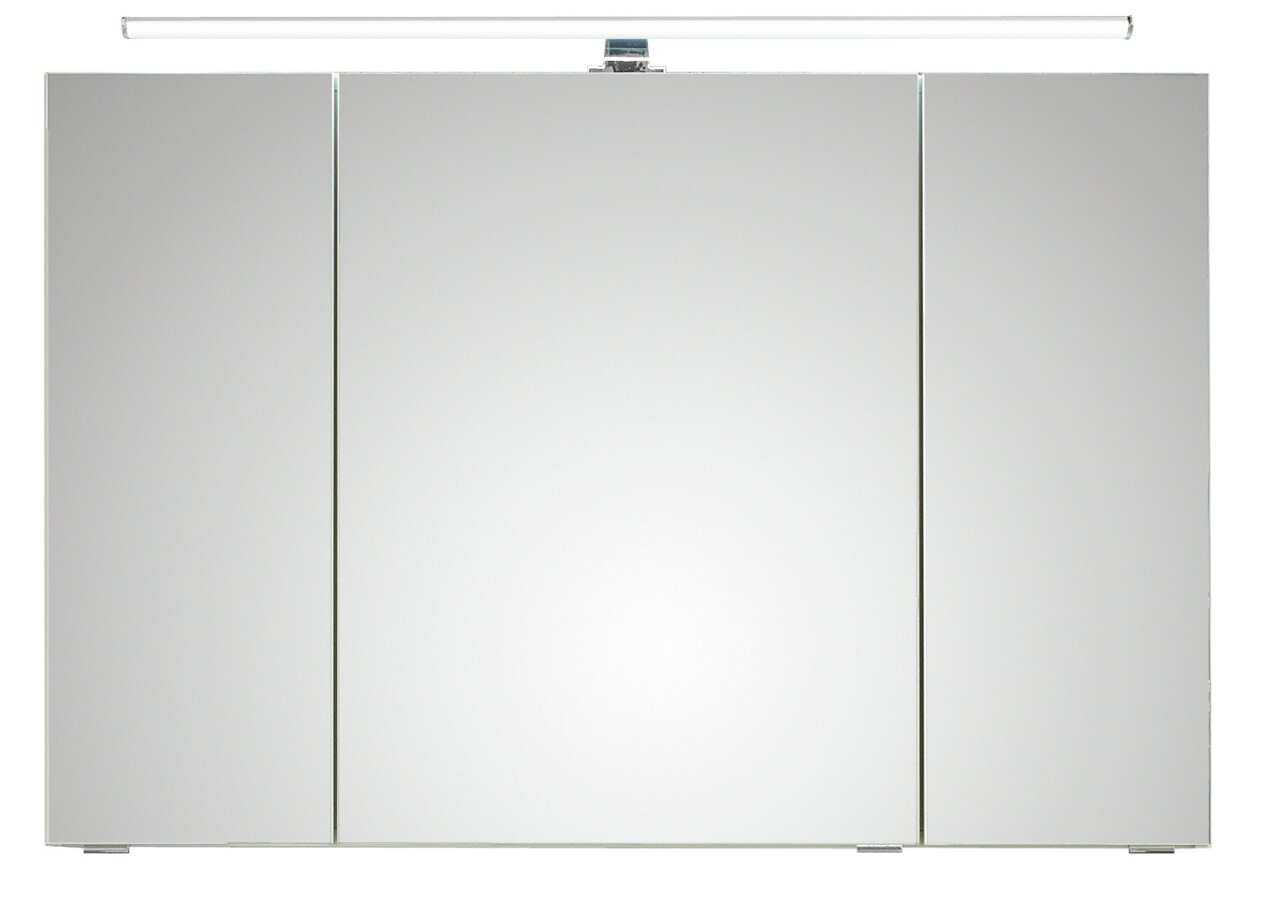 Moderner Spiegelschrank mit drei Türen und integrierter Beleuchtung, Frontalansicht.