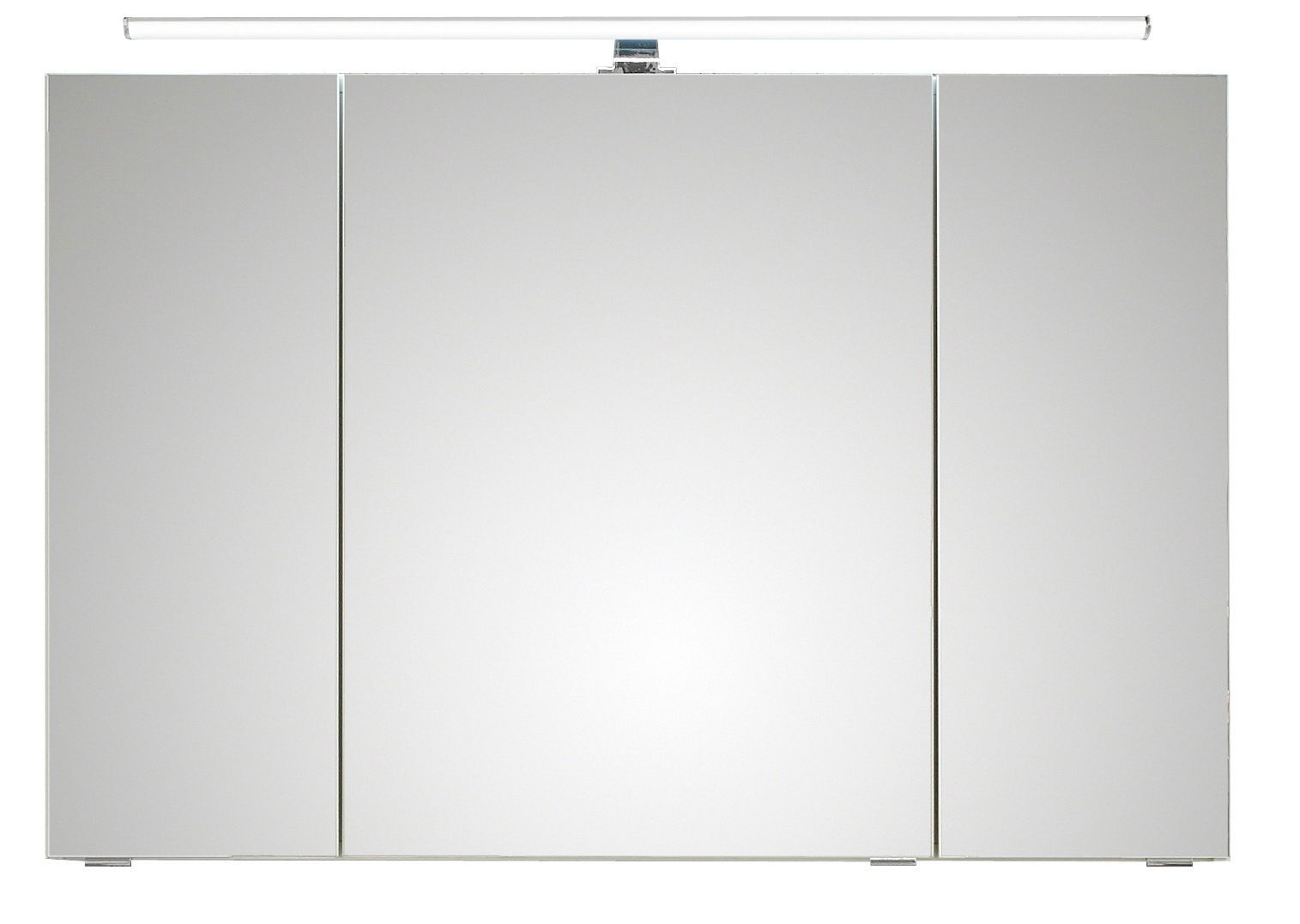 Moderner Spiegelschrank mit drei Türen und integrierter Beleuchtung, Frontalansicht.