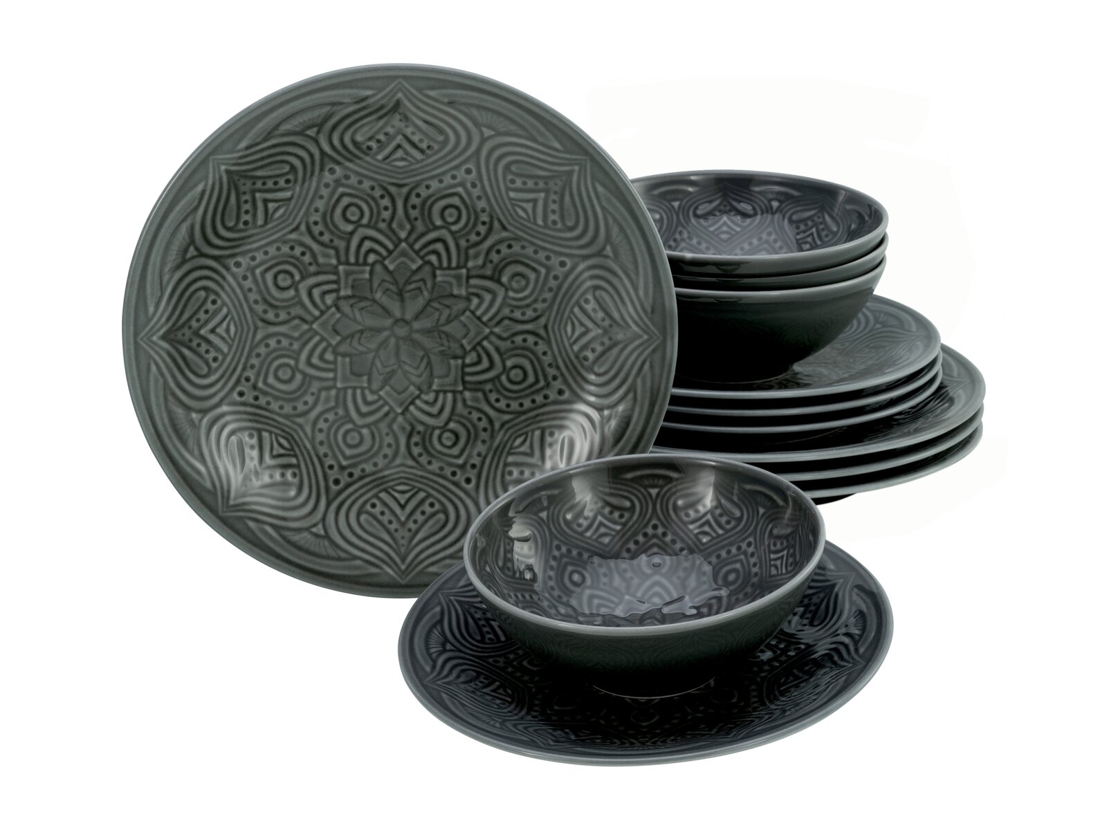 Creatable Tellerset 12-tlg ORIENT MANDALA Dunkelgraues Keramik-Geschirrset mit geprägtem Mandala-Ornament, Teller und Schalen gestapelt, schräg von vorn in leicht erhöhter Perspektive fotografiert