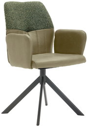 Moderne fauteuil met groene stoffen bekleding en een zwart metalen frame, zijaanzicht