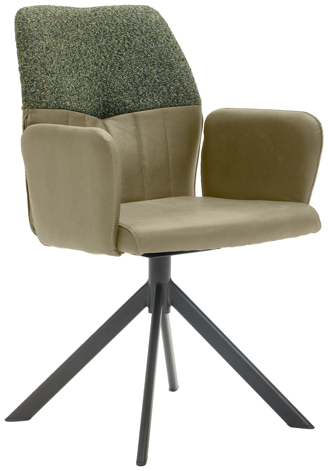 Moderne fauteuil met groene stoffen bekleding en een zwart metalen frame, zijaanzicht