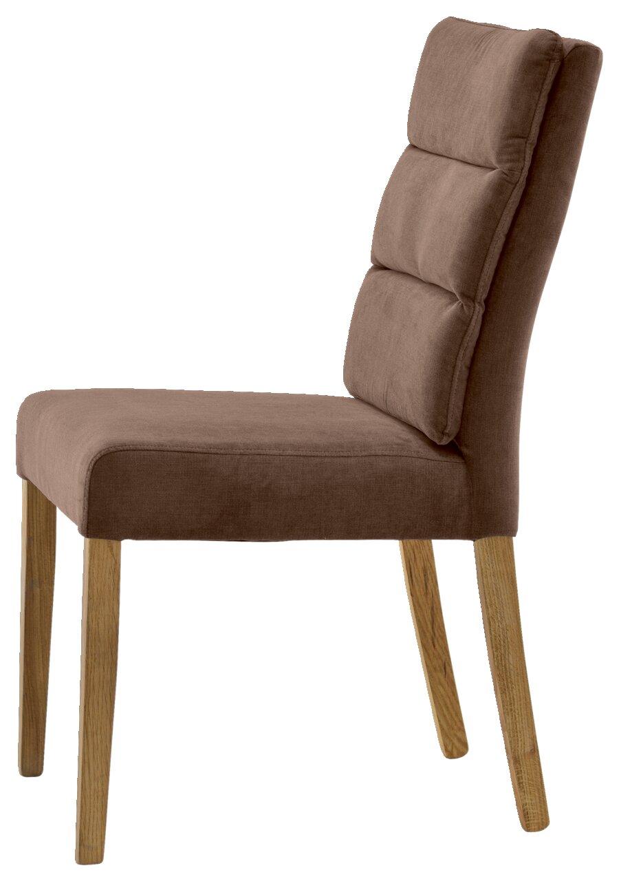 Seitenansicht eines braunen Stuhls mit gepolsterter Rückenlehne und Holzbeinen.