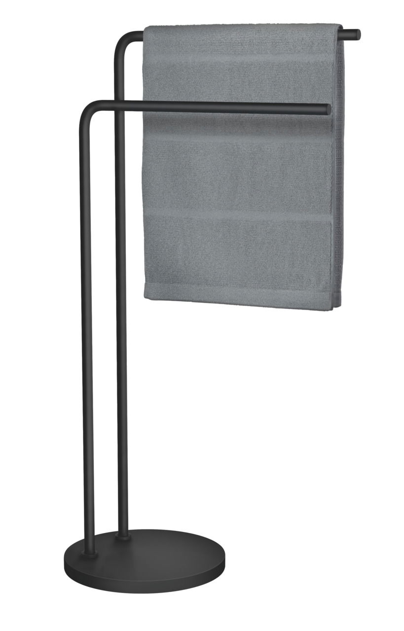 Beslagsboden Handtuchhalter Schwarzer Handtuchhalter aus Stahl mit zwei Stangen, auf denen ein graues Handtuch hängt. Ansicht von vorne.