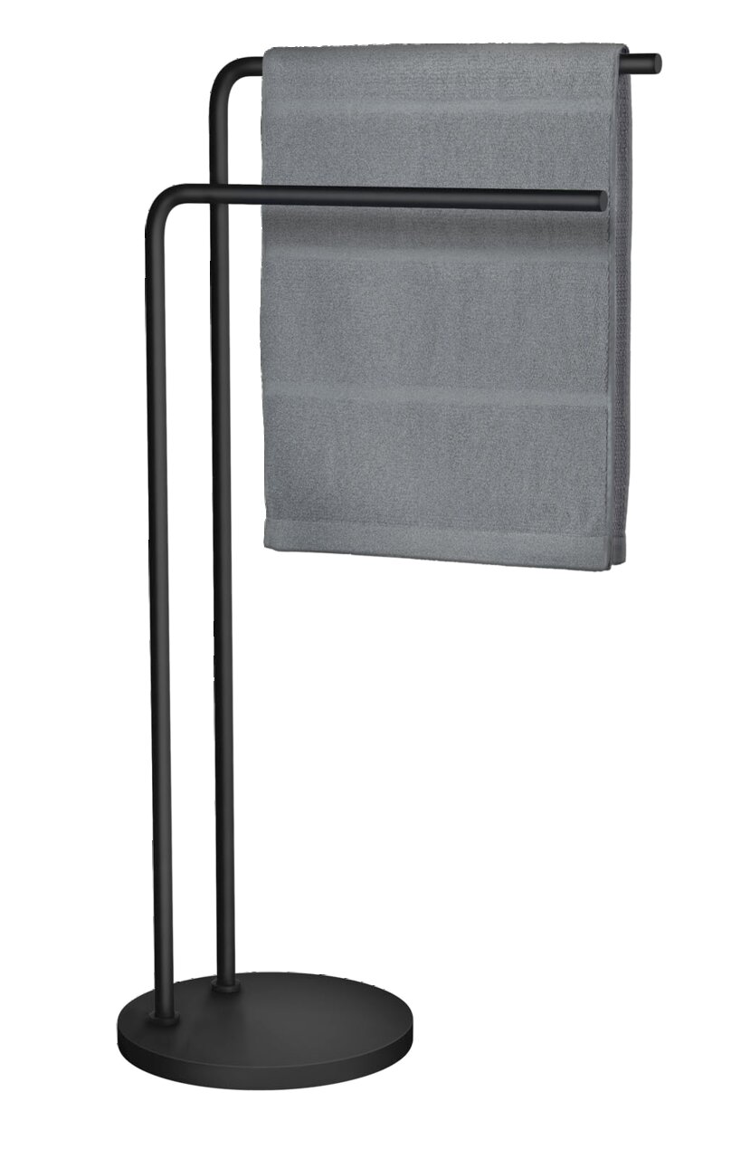Beslagsboden Handtuchhalter Schwarzer Handtuchhalter aus Stahl mit zwei Stangen, auf denen ein graues Handtuch hängt. Ansicht von vorne.
