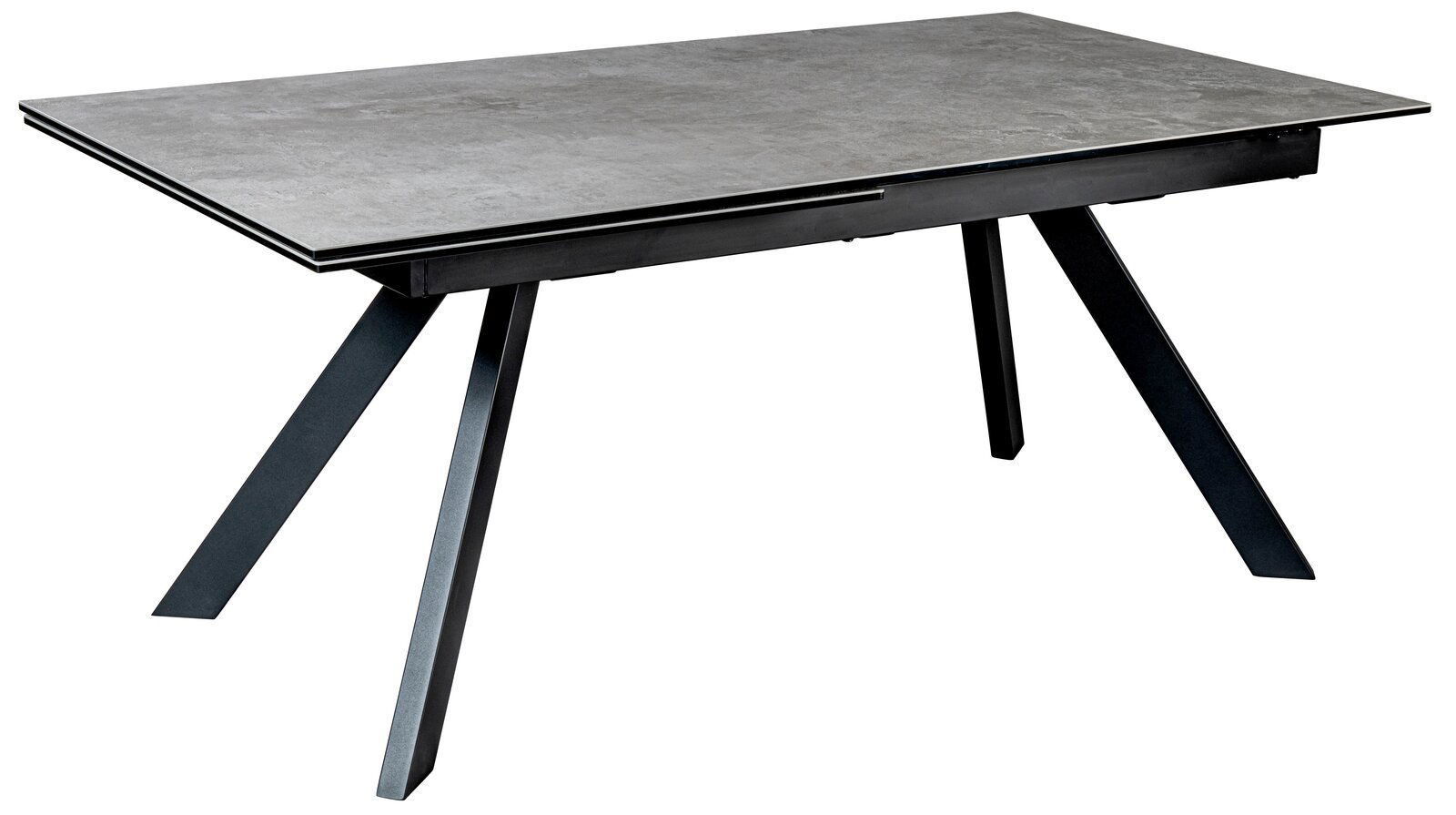 Moderner Esstisch mit grauer Tischplatte und schwarzen, schrägen Beinen, seitliche Perspektive