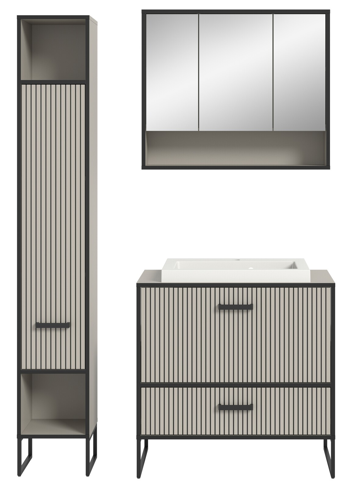 Moderne Badkombination mit vertikalen Streifen, bestehend aus einem hohen Schrank, einem Waschbeckenunterschrank und einem Spiegelschrank, frontal abgebildet.