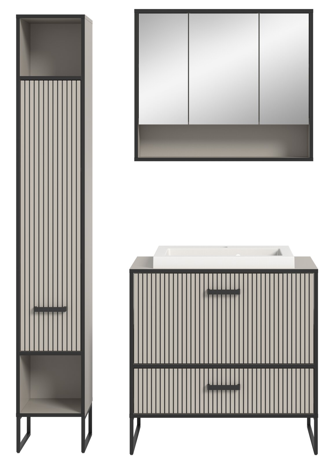 Moderne Badkombination mit vertikalen Streifen, bestehend aus einem hohen Schrank, einem Waschbeckenunterschrank und einem Spiegelschrank, frontal abgebildet.