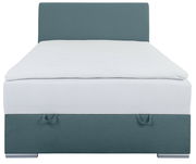 Boxbett 120 in Frontalansicht mit grauem Kopfteil und weißer Matratze