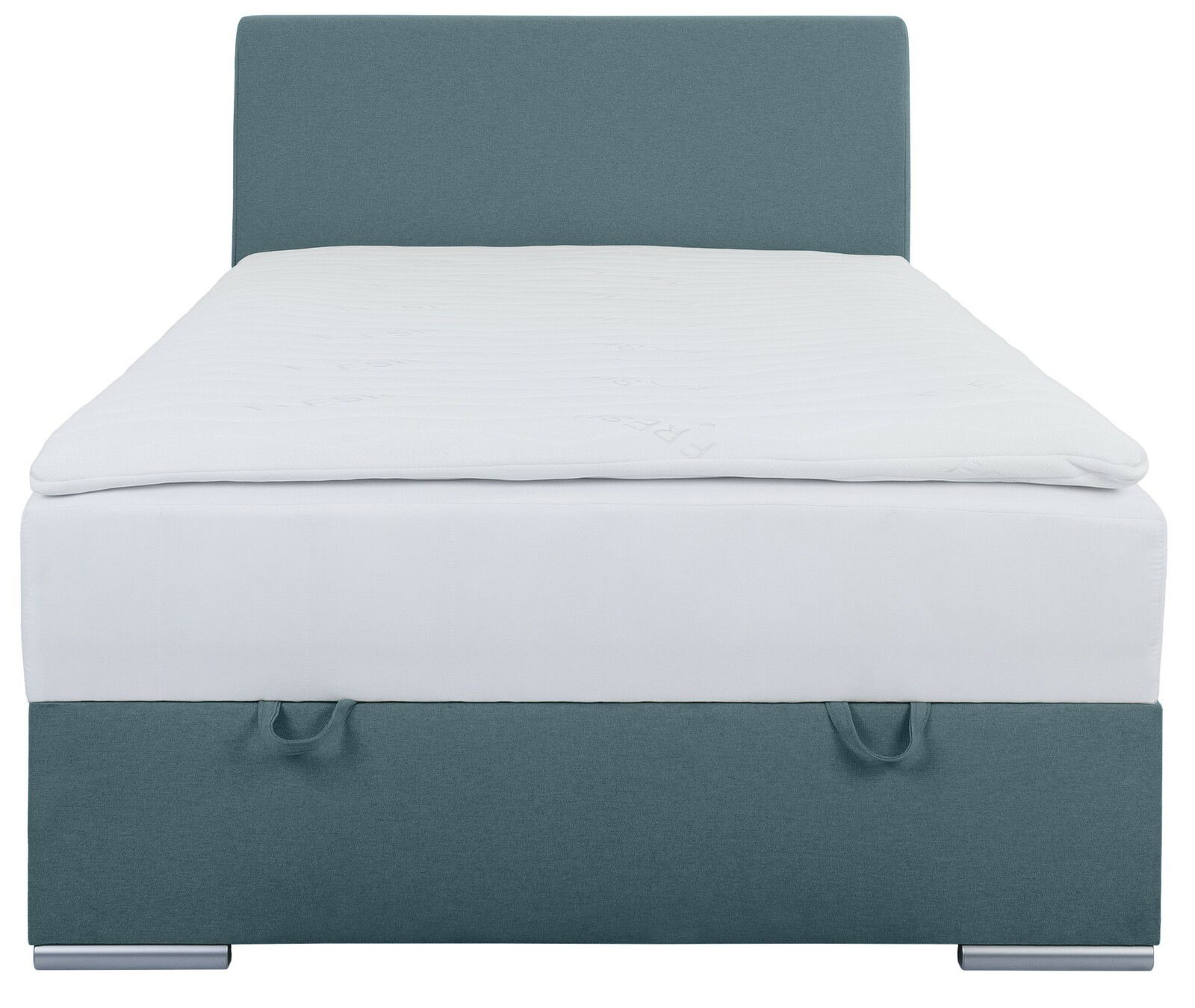 Boxbett 120 in Frontalansicht mit grauem Kopfteil und weißer Matratze