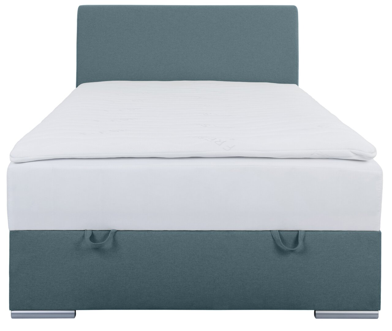 Boxbett 120 in Frontalansicht mit grauem Kopfteil und weißer Matratze