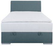 Boxbett 120 in Frontalansicht mit grauem Kopfteil und weißer Matratze