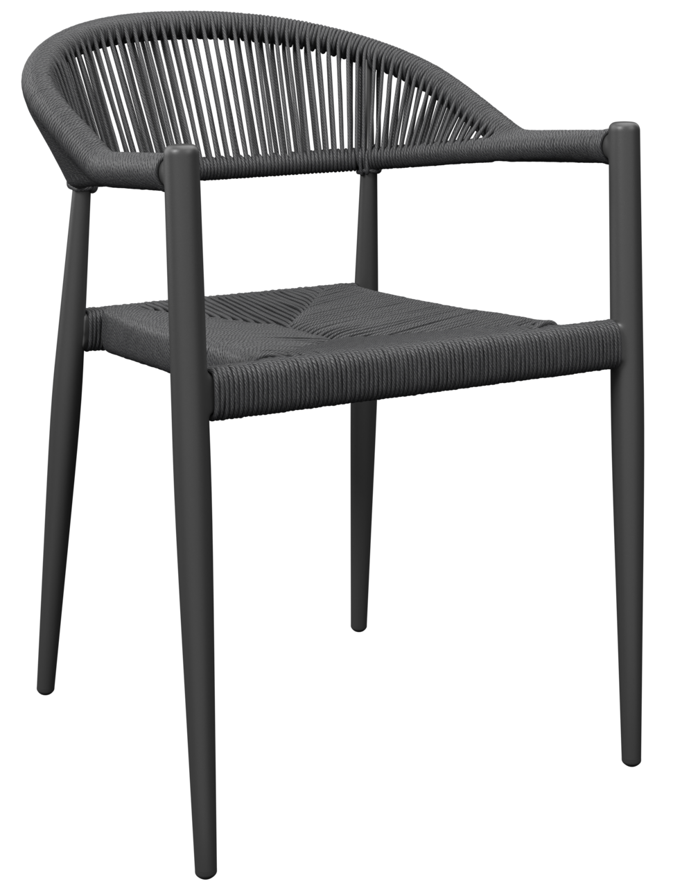 Moderner schwarzer Stapelsessel aus geflochtenem Material, seitliche Perspektive