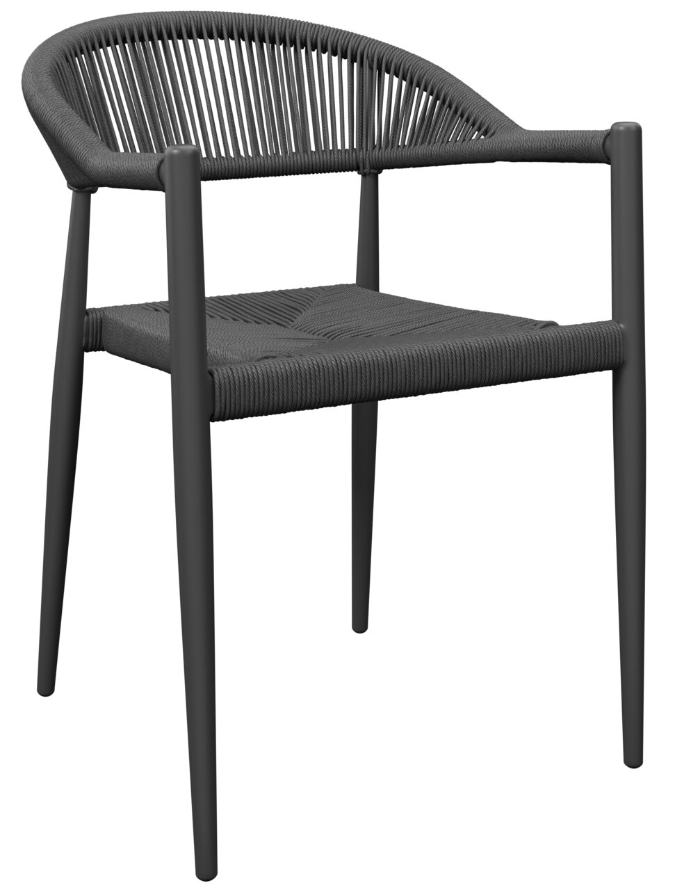Amatio Stapelsessel TAMARA Moderner schwarzer Stapelsessel aus geflochtenem Material, seitliche Perspektive