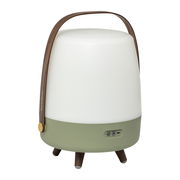 Tragbare Lampe mit grünem Sockel und Holzgriff, Vorderansicht