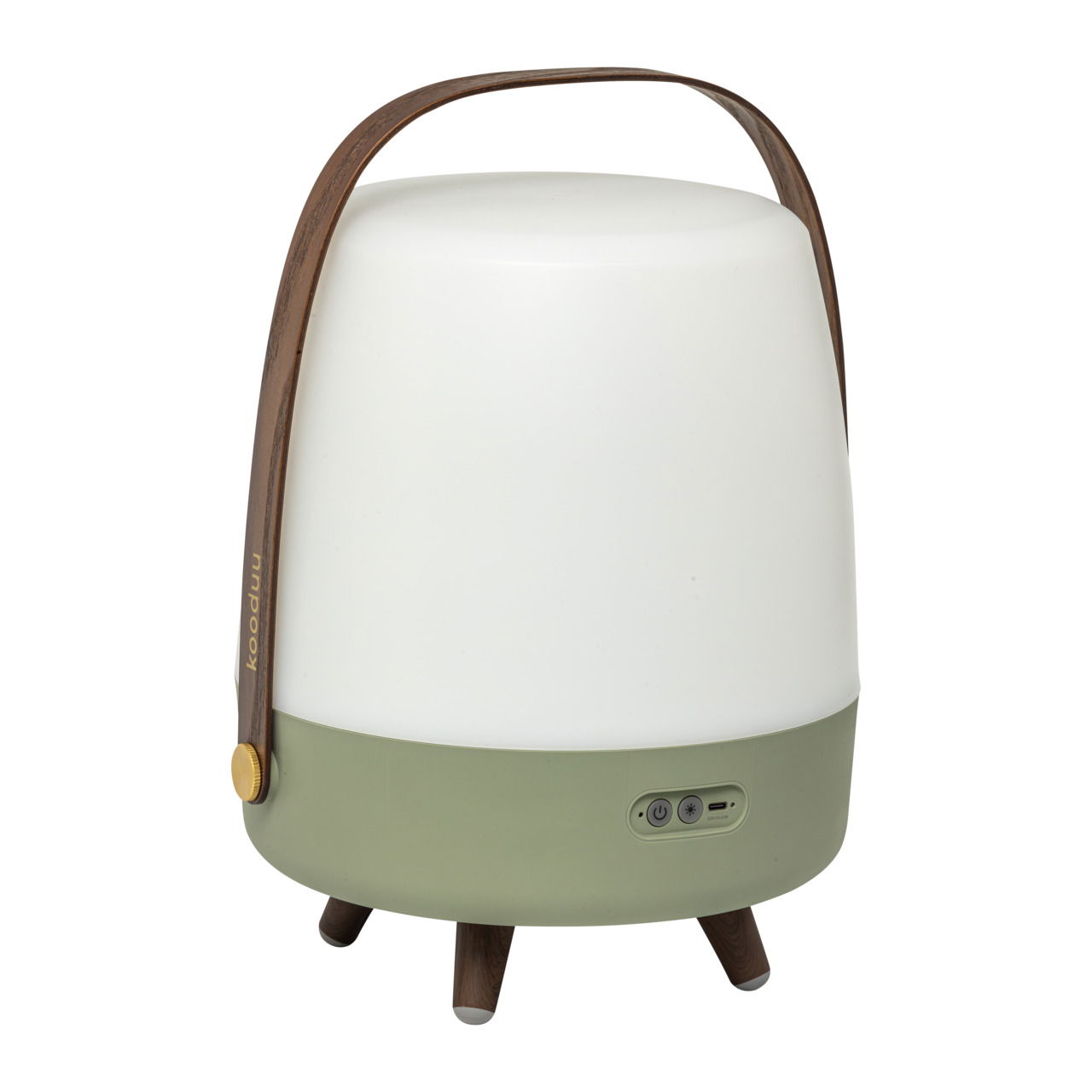 Tragbare Lampe mit grünem Sockel und Holzgriff, Vorderansicht