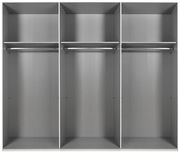 Drehtürenschrank 6-türig, Innenansicht mit drei großen Fächern, jeweils mit Kleiderstange und Ablage, frontale Perspektive
