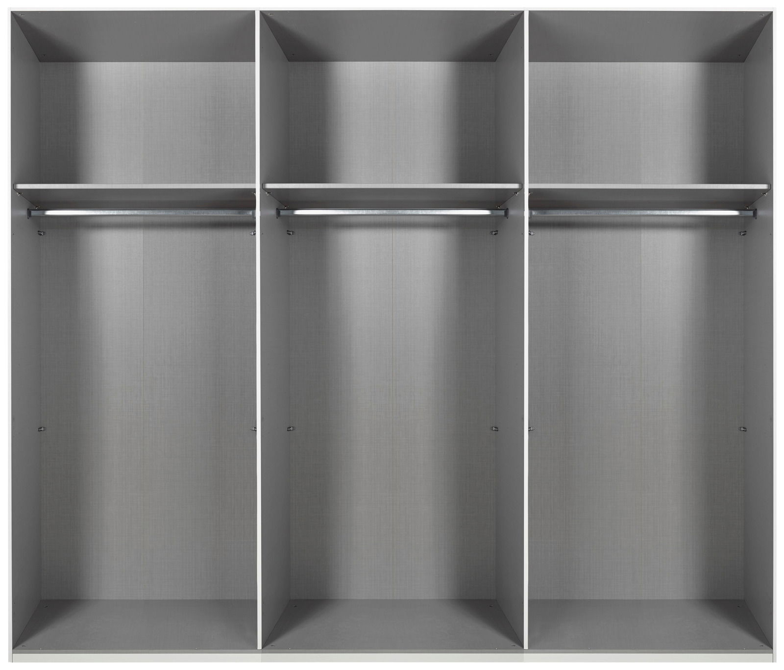 Drehtürenschrank 6-türig, Innenansicht mit drei großen Fächern, jeweils mit Kleiderstange und Ablage, frontale Perspektive