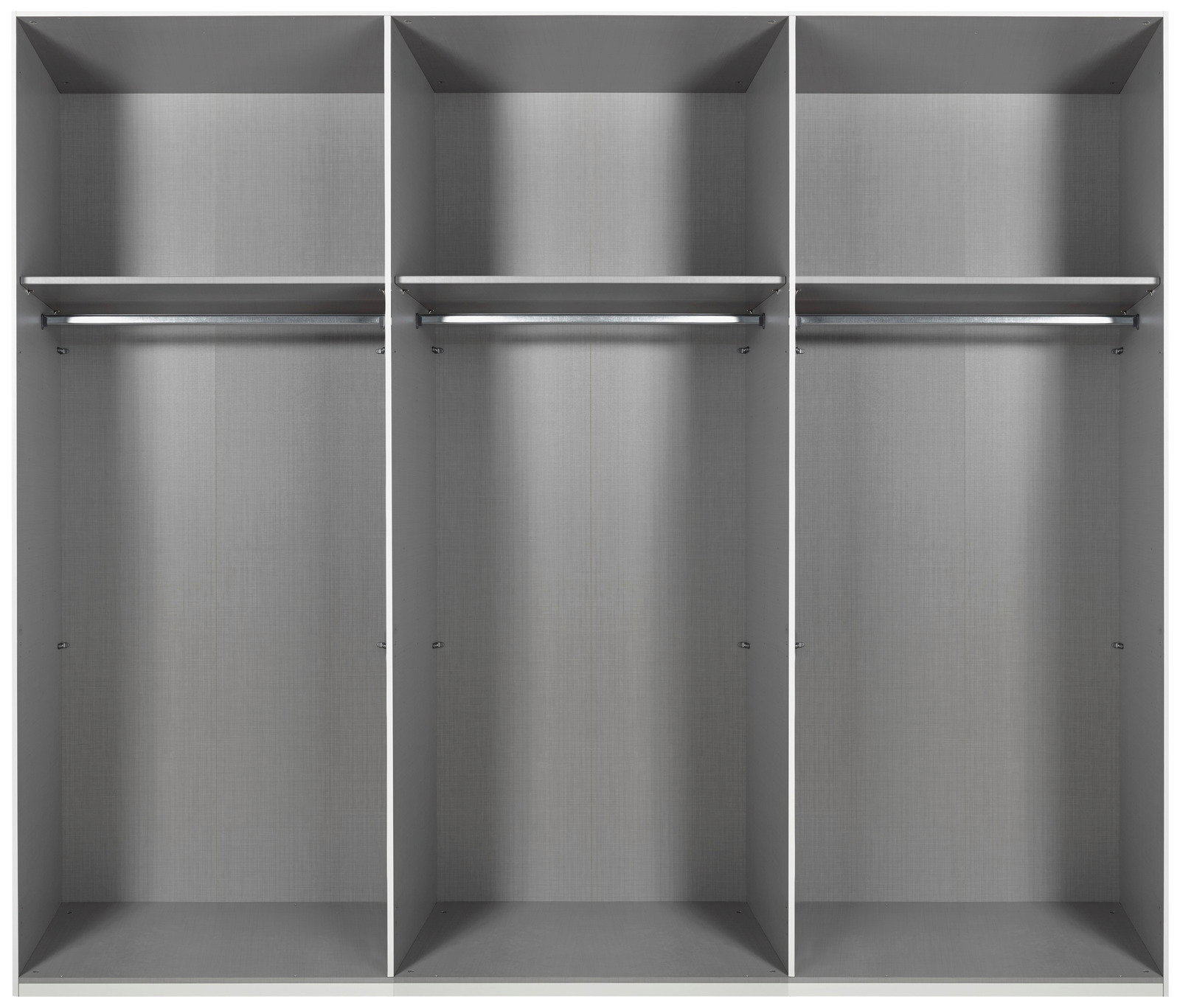 Drehtürenschrank 6-türig, Innenansicht mit drei großen Fächern, jeweils mit Kleiderstange und Ablage, frontale Perspektive