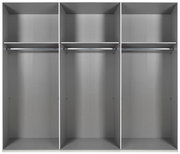 Drehtürenschrank 6-türig, Innenansicht mit drei großen Fächern, jeweils mit Kleiderstange und Ablage, frontale Perspektive