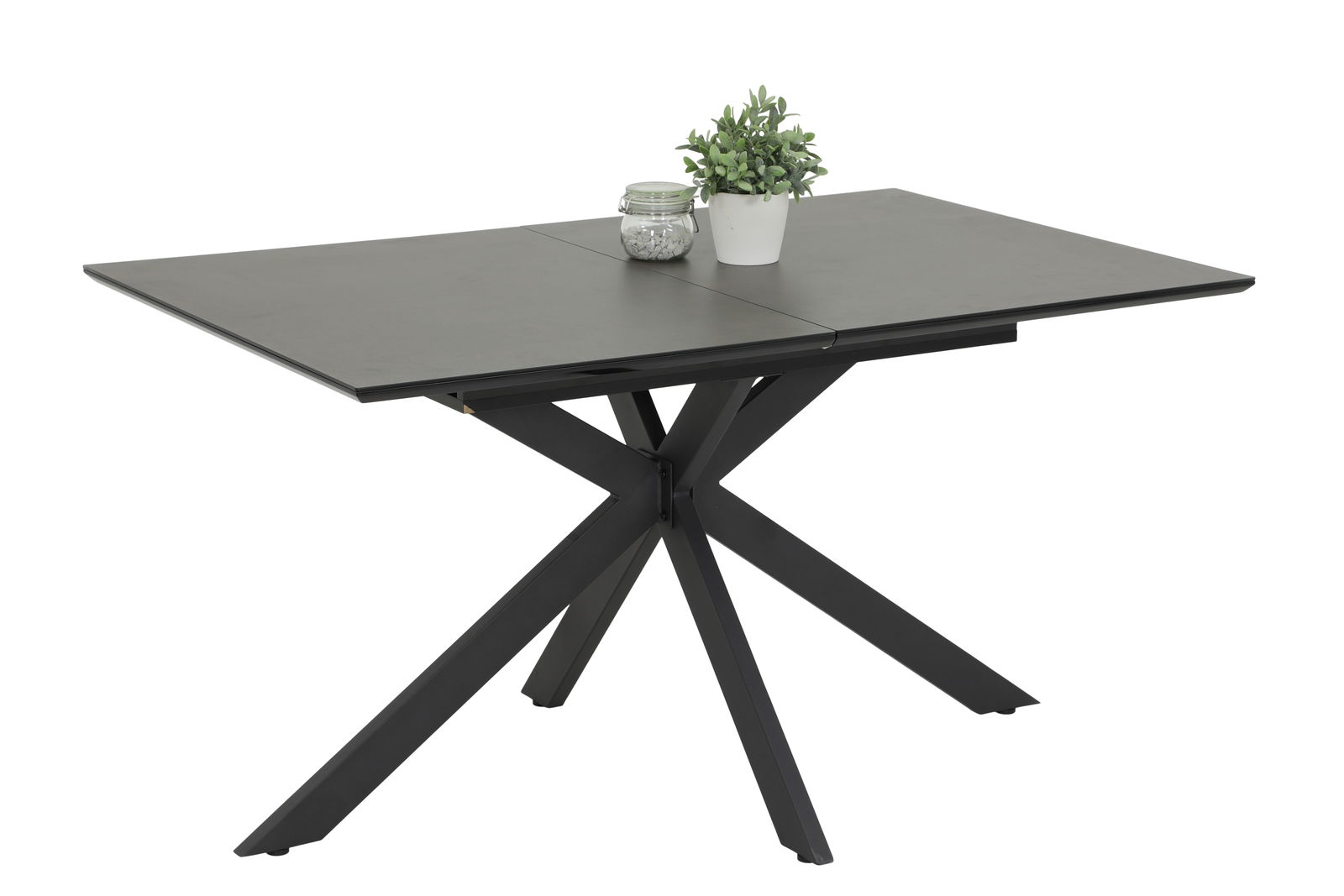 Z2 Esstisch FENJA Moderner Esstisch mit schwarzer Tischplatte und X-förmigem Gestell, seitliche Perspektive