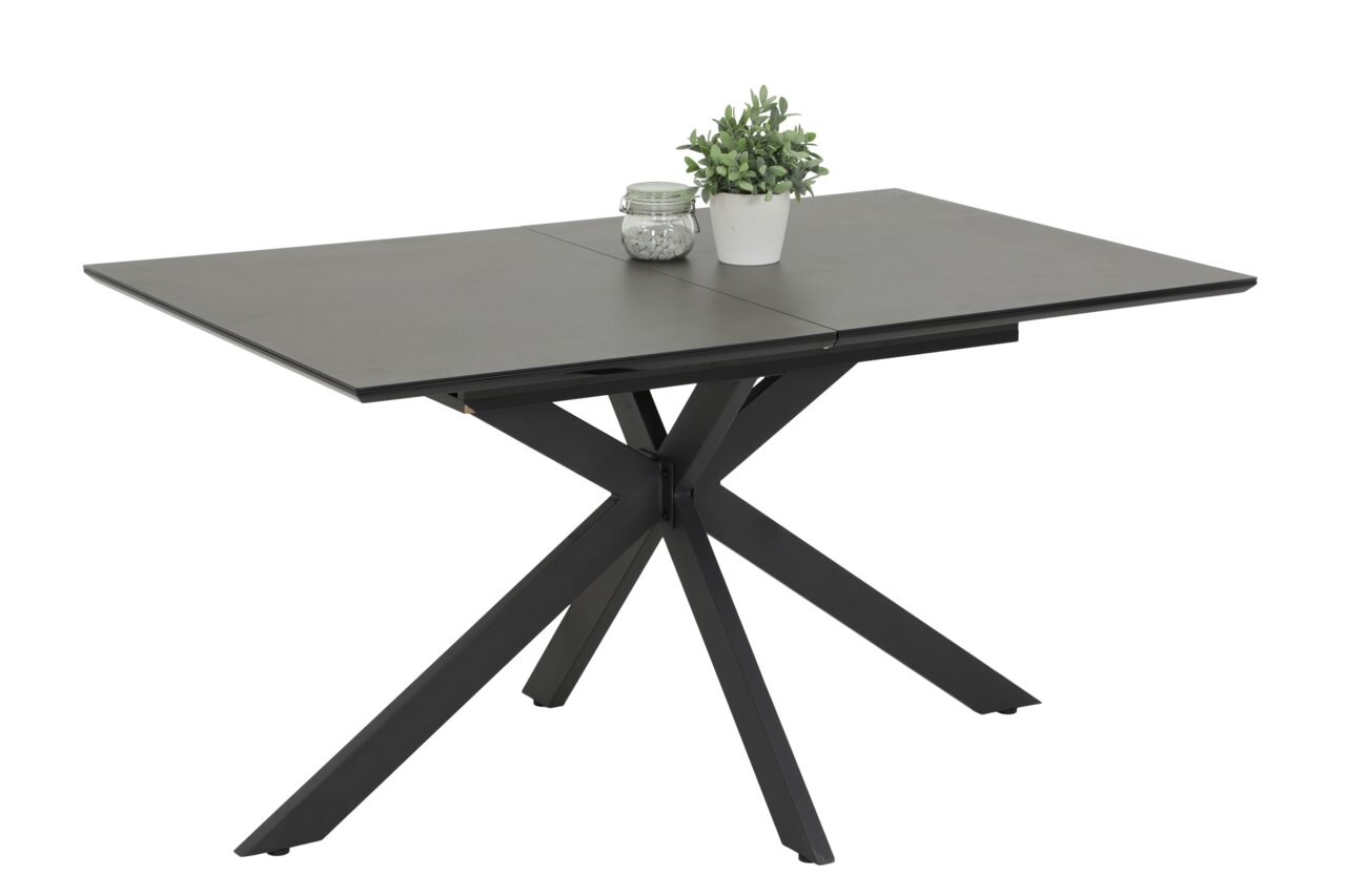 Moderner Esstisch mit schwarzer Tischplatte und X-förmigem Gestell, seitliche Perspektive
