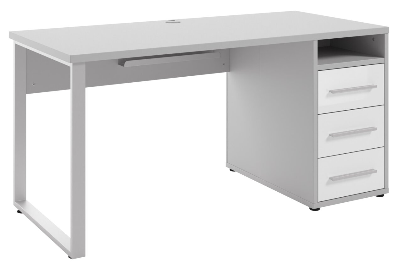 Moderner weißer Schreibtisch mit drei Schubladen und einem offenen Fach, seitliche Perspektive